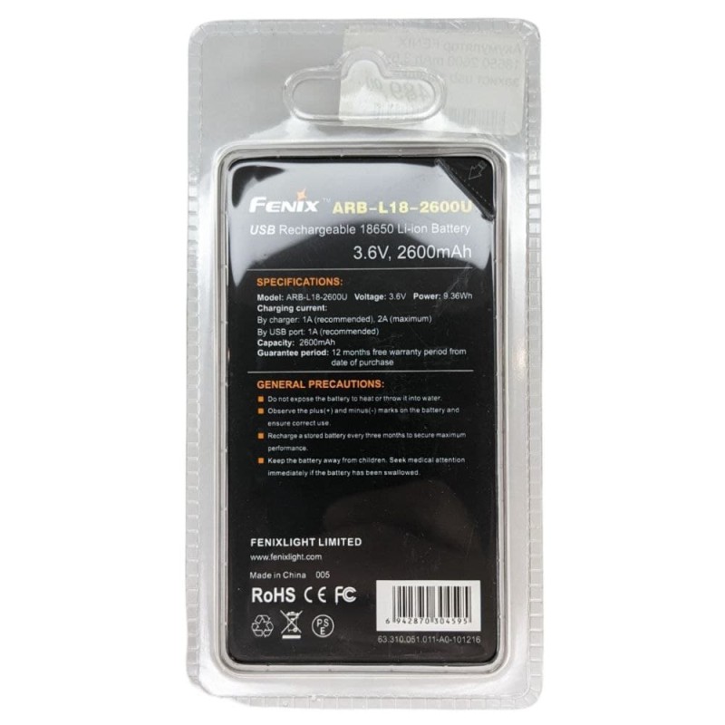Акумулятор FENIX 18650 2600 mAh 3,6V захист usb зарядка