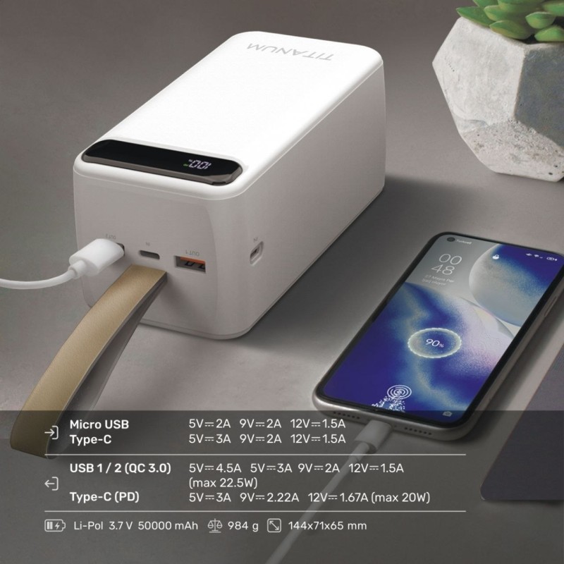 Повербанк Power Bank TPB-741S 50000mAh 22,5W QC+PD Білий