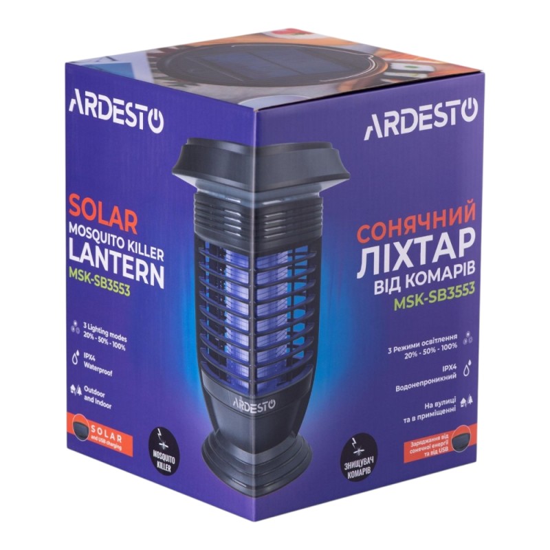 Ліхтар антимоскітний Ardesto 5 Вт (до 14год) USB-C, USB-A (сонячна батарея) Чорний