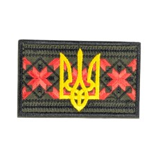 Нашивка (прапорець, Вишиванка з тризубом, липучка, 8*5 см) Олива
